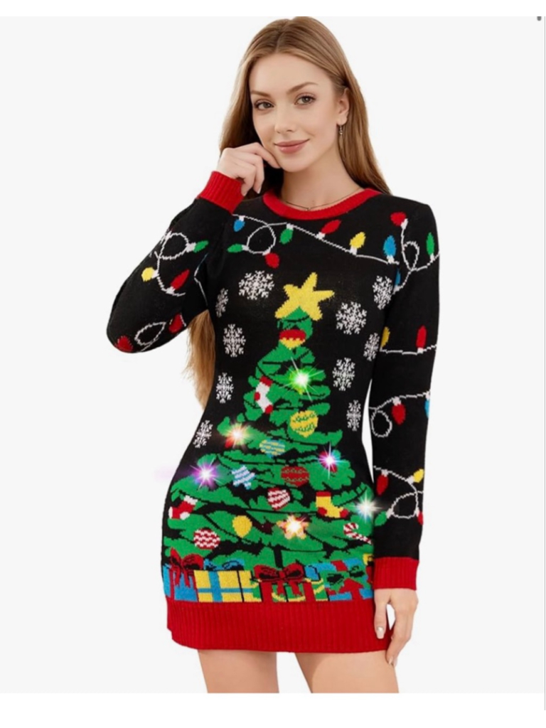 New Ugly Christmas Tree Sweater Dress Light Up Led M